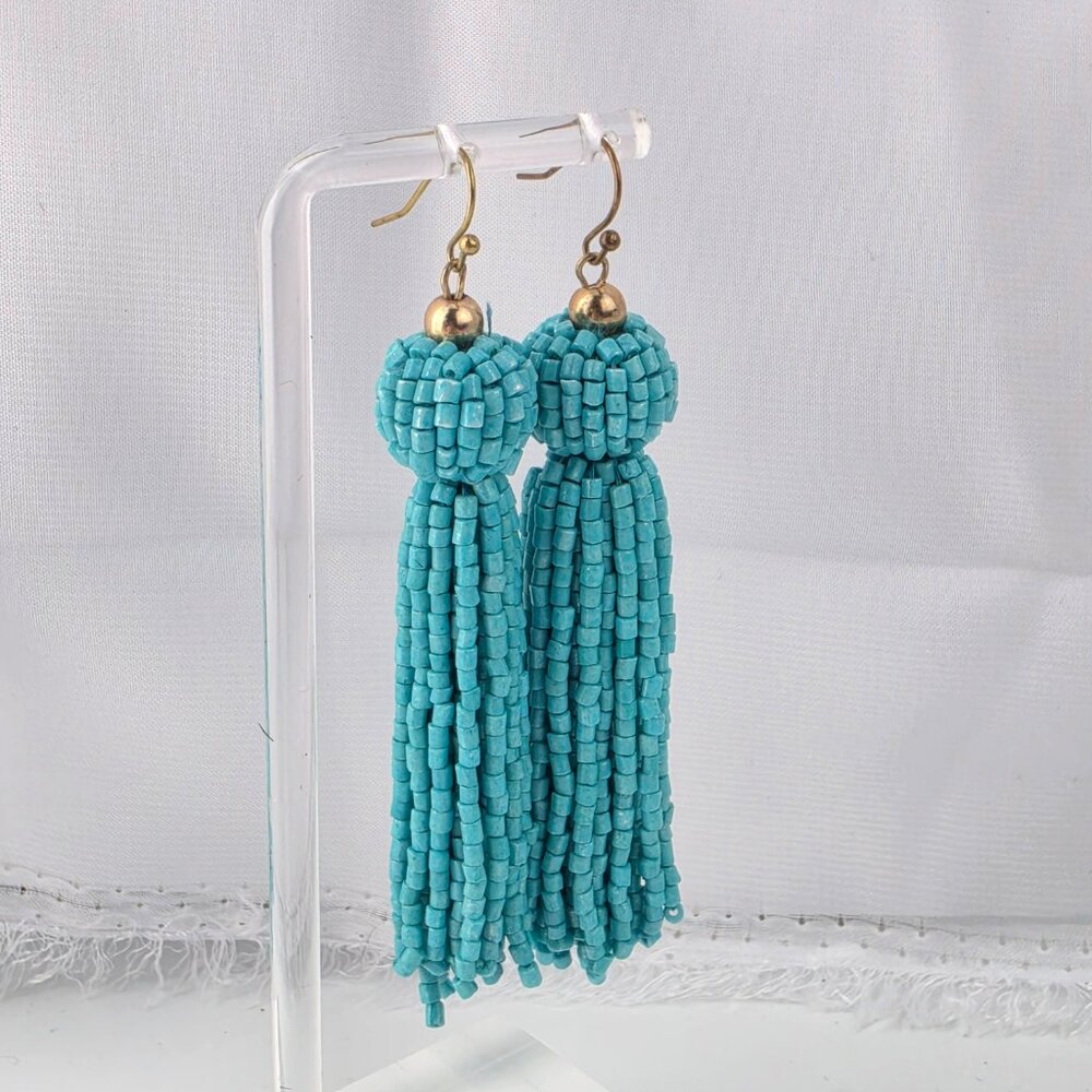 Long 3.5" Southwestern Turquoise Glass Seed Beed Chandelier Waterfall Earrings